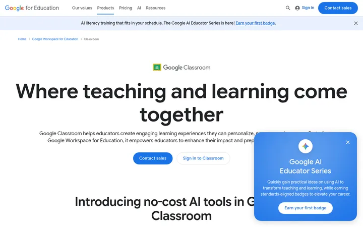 Google for Education — Classroom 首屏截图