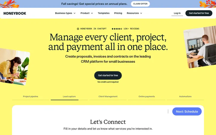 HoneyBook 首屏截图