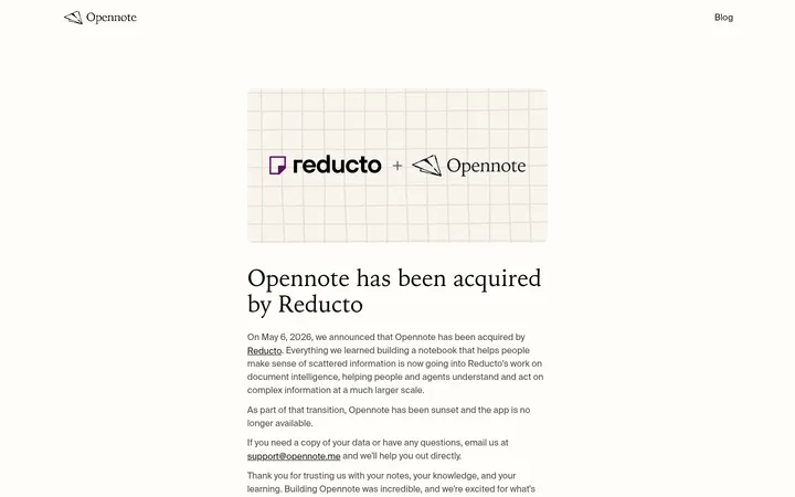 Opennote — Acquisition Notice 首屏截图