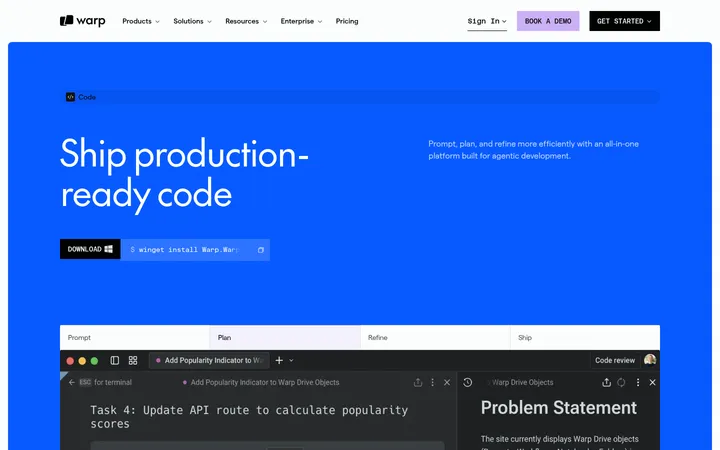 Warp — Code 首屏截图
